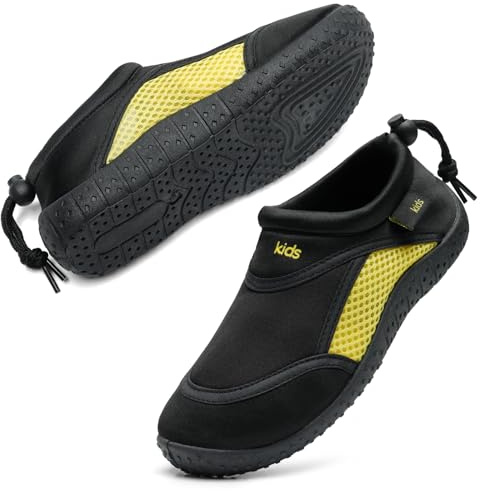 HKR Escarpines Niño Zapatillas de Agua Niña Secado Rápido Transpirable Barefoot Antideslizante para Surf Piscina Playa Neopreno Negro y Amarillo 28 EU