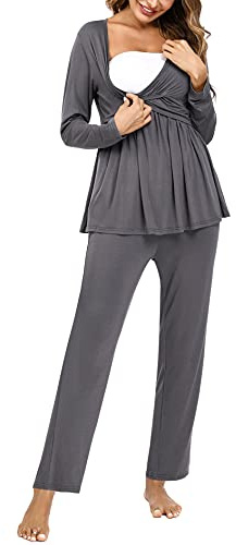 Litherday Ensemble de Pyjama Maternité en Coton Pyjama de maternité à Manche Longue Vêtement de Nuit Hiver Chaud Couleur Unie,A Gris Foncé,S