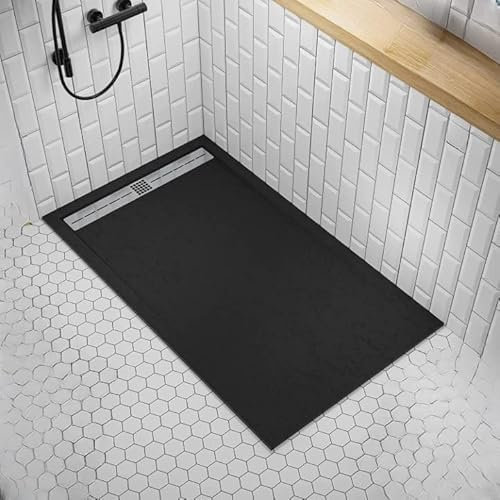 Plato de ducha de mineral mármol negro superficie de efecto piedra de pizarra, serie Cannes, slim 3 cm, revestimiento de Gelcoat, antideslizante