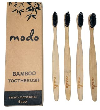 Modo Spazzolini da denti in bambù con setole naturali, confezione da 4, spazzolino da denti in bambù biologico, biodegradabile, vegano