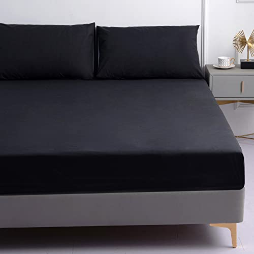 Hiseng Jersey Spannbettlaken, Unifarben Weiches Wasserdicht Spannbetttuch Leintuch bis 30cm Matratzenhöhe, Elastisches Matratzenschoner für Boxspringbett & Wasserbett (200x200x30cm,Schwarz)