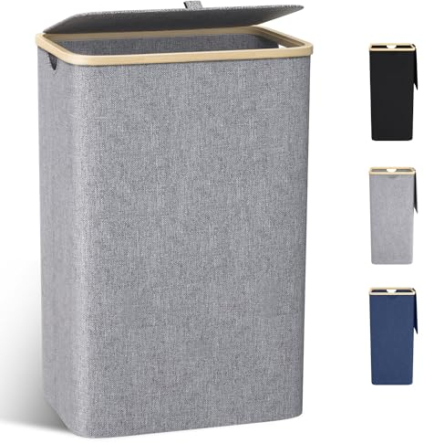 Cesto Portabiancheria Sporca Grande -100L Cesto Biancheria Sporca per Bagno in Bambú con Coperchio, Cesta Panni Sporchi con Manici per Bagno, Lavanderia, Camera da Letto per Salvaspazio-Grigio