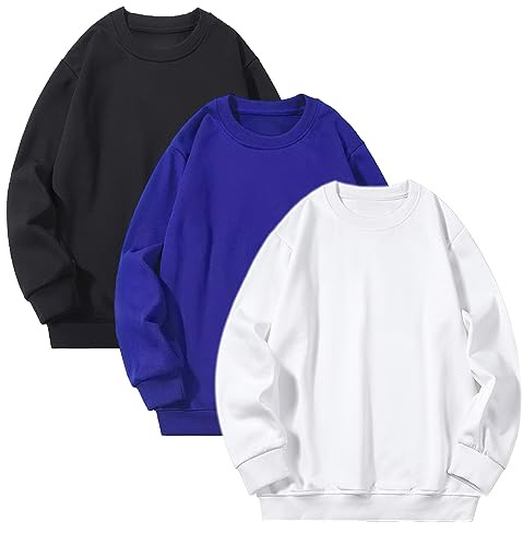 amropi Felpe Senza Cappuccio per Ragazzi 3 Pack Felpa a Righe Manica Lunga Sweatshirt Nero Blu Bianco, 10-11 Anni
