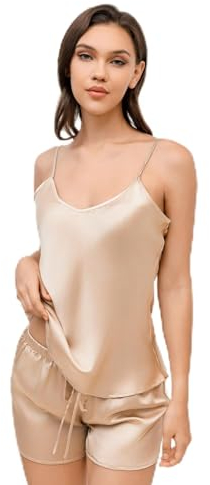 THXSILK Seidenpyjama für Damen Zweiteiliger, Shorts-Set aus natürlicher Maulbeerseide mit V-Ausschnitt, Bequeme und lässige Urlaubskleidung (Champagner, XL)