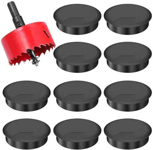 Lectorias 10 Stück Kabeldurchführung Schreibtisch 60mm, Kabeldurchlass Tisch mit 1 Lochsäge, Tischdurchführung Kabeldose mit Abnehmbarer Deckel Rund für Schreibtische/Büro/Arbeitsplatten Schwarz