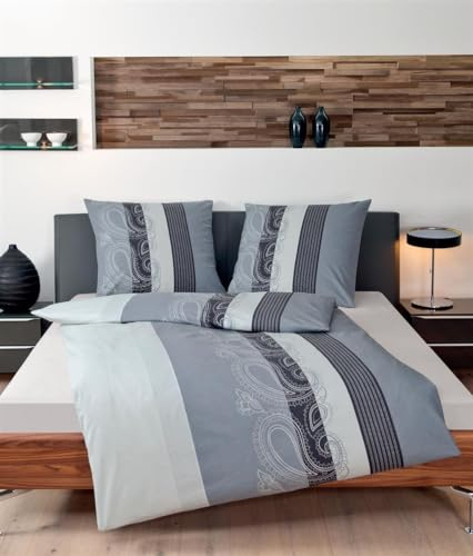 Janine Feinbiber Wende-Bettwäsche Davos 6456-08 135x200 cm + 80x80 cm Bordüre Paisley Streifen Anthrazit grau