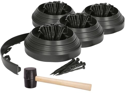 Harbour Housewares 40m Flexible Lawn Edging with 160 Pegs & Mallet - Black - Plastic Garden Edging Grass Border Flower Bed Stone Path Edge Height 4cm Patio Landscaping Divider Palisade