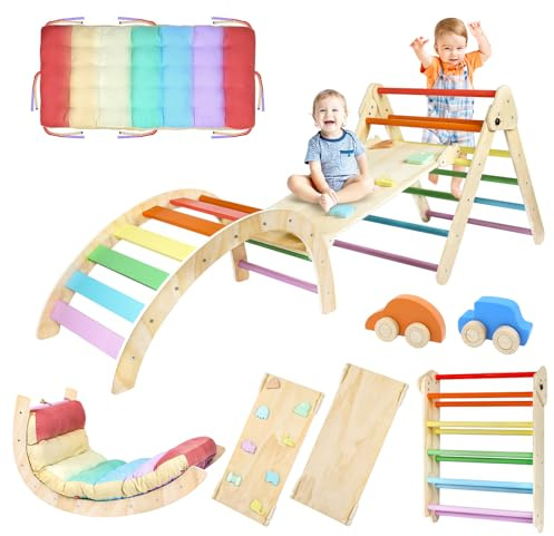 Triangle Climbing Set, 7 in 1 Wooden Climbing Toys for Toddler 18 Months-3 Years Inside, Foldable Colorful Montessori Jungle Gym, Pikler Triangle Toddler Indoor Playground with Cars Arch Ramp Ladder