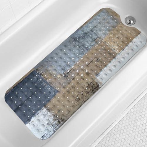LNOND Blue and Brown Bathtub Mat Non Slip, 40 X 16 Inch Tub Mat for Bathroom, Abstract Art Bath Tub Shower Mat with Drain Holes and Suction Cups