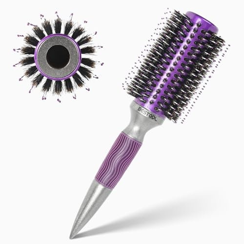 BESTOOL Rundbürste zum Föhnen, Wildschweinborsten Rund Haarbürste mit Holzfass, Große Stylingbürste für Damen und Herren Glätten, Locken, Hinzufügen von Haar Volumen und Glanz, aus Aluminium, 35mm