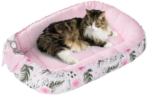 Medi Partners Lit pour Chat Chien 75x60x10cm Couchage Petit Moyenne Oreiller Douillet Chats Nest (Rose Fleurs)