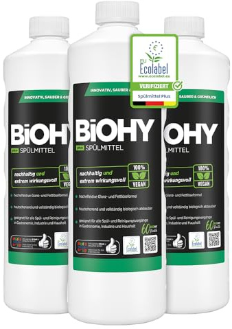 BiOHY Diskmedel Plus (3 x 1 liter) | Ekologiskt flytande koncentrat för porslin med EU-miljömärke | Extra kraftfull fettlösare | Perfekt för diskmedelsdispenser | Miljövänlig och biologiskt nedbrytbar