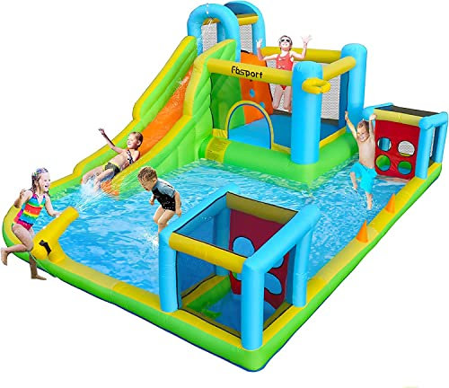 FBSPORT Castello Gonfiabile con Ventilatore 480 x 370 x 210 cm, Scivolo, Trampolino, Piscina, Parete da Arrampicata, Cannone ad Acqua, Basket, Cerchio, Tema Acquatico per Bambini 3-12 Anni