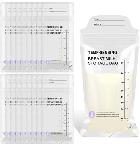 90 bolsas de almacenamiento de leche materna de 8 onzas/250 ml, bolsas de almacenamiento de leche con detección de temperatura, sin BPA, bolsa de almacenamiento de leche materna de doble sellado con