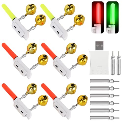 DAZZTIME Indicadores de Picada de Pesca,6 Piezas Luces de Pesca con Campana de Alarma,Campanas de Alarma de Pesca,Indicador de Picada LED Impermeable para Pesca,para Caña de Pescar