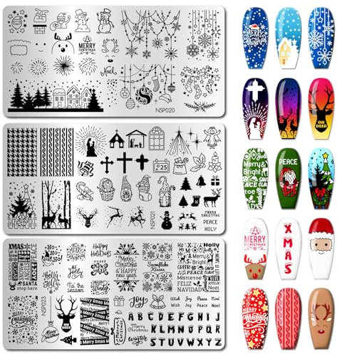 arriettycraft Lot de 3 plaques de stamping pour nail art de Noël – Sentiment d'hiver – Mots de vœux de Noël – Flocons de neige en acier inoxydable – Outils d'art de manucure pour impression de