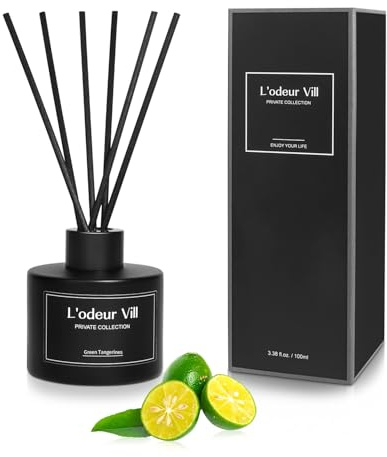 L'odeur Vill Diffusore Profumo Ambiente - 3.4oz (100ml) profumo di Mandarini verdi con 8 bastoni d'olio, diffusore di aroma nero opaco, profumo domestico di lunga durata per il bagno.