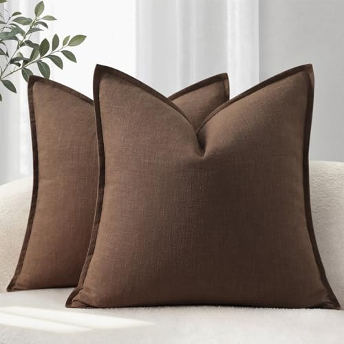YCOLL Örngott 50 x 50 set med 2 bekväma och mjuka naturliga linnetyg enfärgade kuddfodral för moderna soffkuddar dekorativa kuddfodral för soffa brun