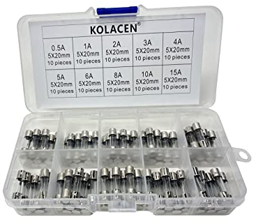 KOLACEN Quick Fast-blow Glass Tube Fuse 5 x 20 mm Assorted Kit 0.5Amp 1Amp 2Amp 3Amp 4Amp 5Amp 6Amp 8Amp 10Amp 15Amp (Pack of 100)