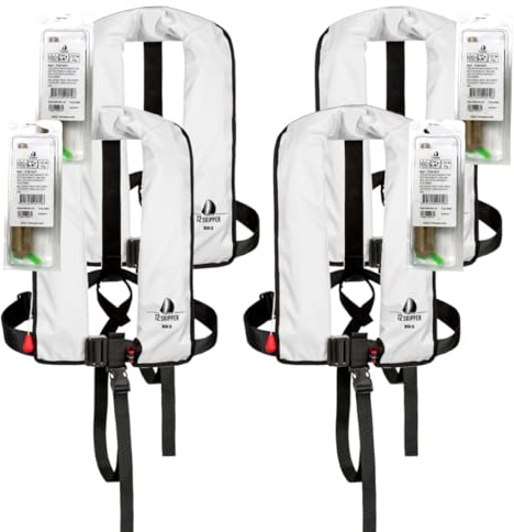 12skipper Set di 4 Giubbotti di Salvataggio Automatici 165N ISO con imbragatura, Bianco incl. 4 Kit di Manutenzione