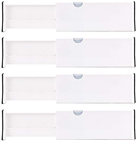 Kingrol Confezione da 4 divisori espandibili per cassetti da 28 a 43 cm, con estremità antiscivolo, separatori per utensili da cucina, cassettiere, vestiti, forniture per ufficio