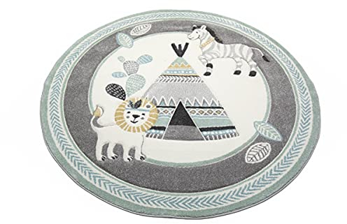 Teppich-Traum Kinderzimmer Teppich Kinderteppich Indianer Zelt Löwe Zebra Kaktus grau Creme gelb Größe 120 cm rund