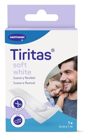 TIRITAS Soft: Apósitos de color blanco fabricados en suave papel. Indicadas para pieles sensibles y delicadas. Protección suave para pequeñas heridas; Recortables; 6cm x 1m; 1 unidad
