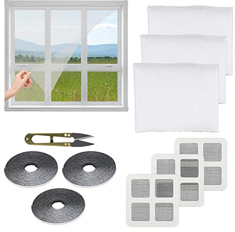 PATAZOK 3 Pack Mosquito Net for Windows 1.3 * 1.5m Anti-mosquito Window Net DIY Fly Screen Mesh Insect Mesh Curtain Bug Bee Protector with Tapes Patch Scissor for Home Bedroom Window Door,White