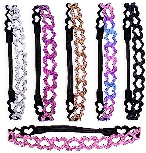 FROG SAC 6 Glitter Headbands for Girls, Adjustable Non Slip Thin Elastic Hair Bands for Kids, Stretch Heart Zig Zag Girl Hair Accessories, Sparkly Headband, Head Band Hairband (Multicolor 1, Kids)
