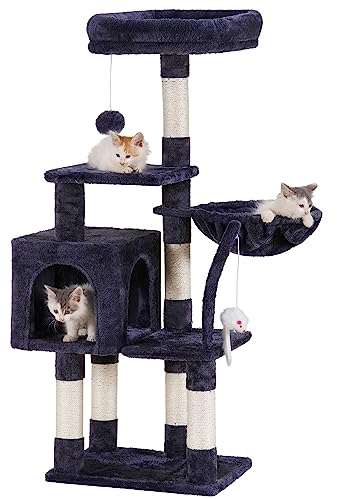 Hey-brother Kratzbaum, 111 cm Katzenbaum mit Spielzeug, Katzenkratzbaum mit Plattform, Hängematte und Sisal-Kratzstämmen, Rauchgrau EMPJ004SG-N