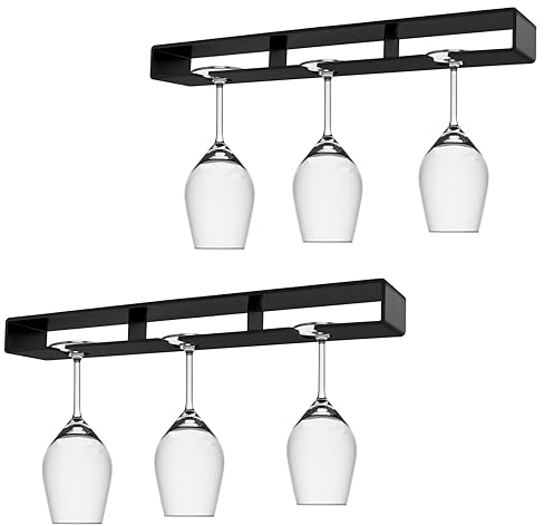 Pack of 2 Wine Glass Holders, Hanging Glass Holder, Wine Glasses Holder, Under the Cupboard, Wine Glass Holder, Stemware Rack, Hanging, No Drilling, Wine Glass Rack, Hanging Glass Holder, Black (2)