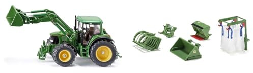 Siku 3652, John Deere Traktor mit Frontlader, 1:32, Metall/Kunststoff & 3658, 5-teiliges Frontlader Zubehör-Set, 1:32, Passend Traktoren mit Frontlader im Maßstab 1:32, grün