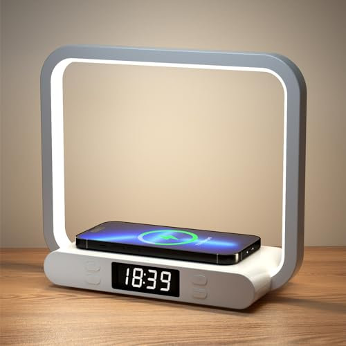 VOSFEEL Nachttischlampe mit ladefunktion, Touch Dimmbar mit Uhr Tischlampe, 15W kabelloses Laden mit USB-Anschluss Nachtlicht für Schlafzimmer Wohnzimmer Büro(Adapter Inklusive)