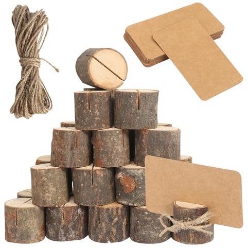 30 Stück Holz Tischkartenhalter Kartenständer Holz Kartenhalter Tischnummernhalter Menükartenhalter mit 30 Karte Kraftpapier und 10m Juteseil Fotohalter Holz für Hochzeiten Restaurants Bankette