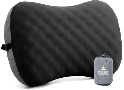 HIKENTURE Oreiller Gonflable de Camping et Voyage - Ergonomique, Ultraléger et Compact - avec Mousse et Taie Amovible - Coussin Gonflable de Camping pour Extérieur, Randonnée, Trekking ou Plage -Noir