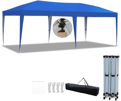 Hebitod Paviljong, vikbar paviljong 3 x 6 m, vattentät stabil, paviljong med centrallås, höjdjusterbar trädgårdspaviljong, festtält, trädgårdstält, UV-skydd, utomhus, trädgård, camping, blå