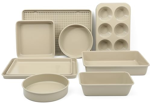 Martha Stewart Gallen 10 Piece Baking Pans Ceramic PFA Free Non Toxic Non Stick Bakeware Set - Taupe