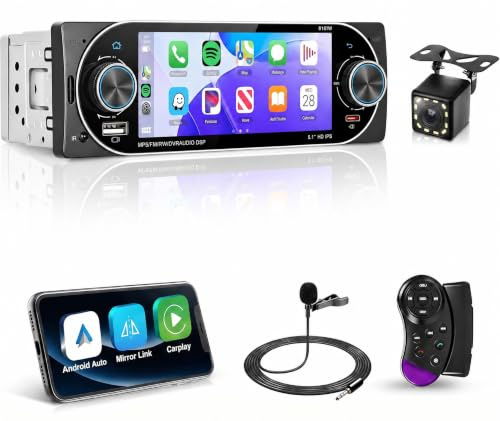 Fuluku 1 Din Radio 5,1 tums Pekskärm Bilradio med Trådlös Carplay Android Auto