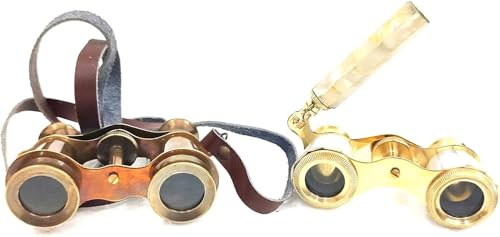 Vintagestil mässing opera-glasögon, 10 cm, brunt läderrem, 2-delat set, antik guldpolering