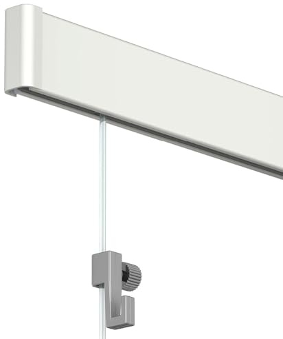 Artiteq Click Rail - Sistema di sospensione per pittura, 600 cm, primer bianco (RAL 9016), set completo di fili, ganci e materiale di fissaggio trasparenti, portata 30 kg p/m