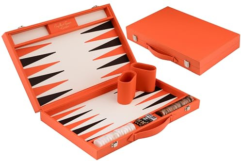 Engelhart-250565 – Backgammon 18 Pollici (46,7 cm) Valigetta Lusso Similpelle Arancione – Tavolo Intarsiato – Aperto 56,4 × 46,7 cm – Pedine Nere/Arancioni – Dadi e Bicchieri – Gioco Classico