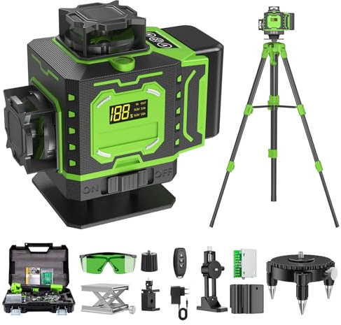 Niveau Laser Chantier Autonivelant 360° x 4 Avec trépied, Lazer Niveaux 4D 16 Lignes Laser, Mode Impulsion ExtéRieur, 2 x Batterie, Nivellement Automatique, Support Rotatif, Télécommande
