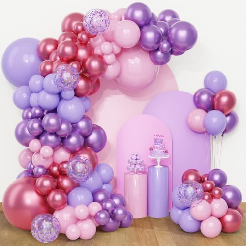 QIFU Kit Arco Para Globos Morados Rosas - 108 Piezas Globos Morados Rosa Metálicos y Confeti,Guirnalda De Globos Helio Para Decoracion Cumpleaños Baby Shower Carnaval Aniversario Boda Princesas Fiesta