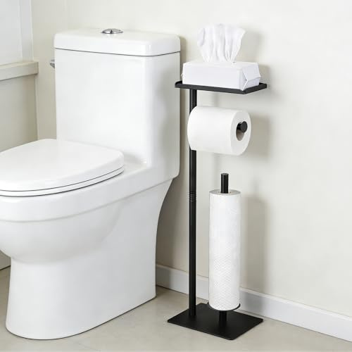 Black Toilet Roll Holder Free Standing Toilet Paper Holder Stand with Top Storage ShelfToilet Paper Stand Floor Dispenser for 4 Reserve Rolls, Black Bathroom Accessories