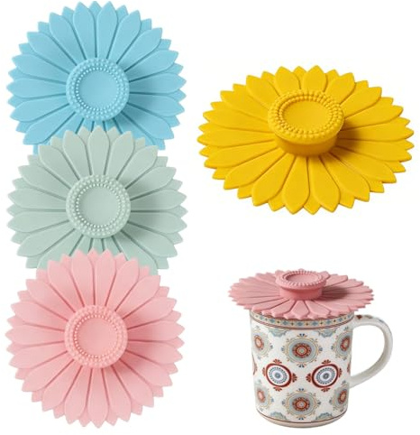 4 Pcs Sunflower Shaped Drink Covers, Silicone Dustproof Lid, Water Cup Accessories Cup Lids for Mug Yogurt Pot Tin Can Covers lids Coffee Tea Cups