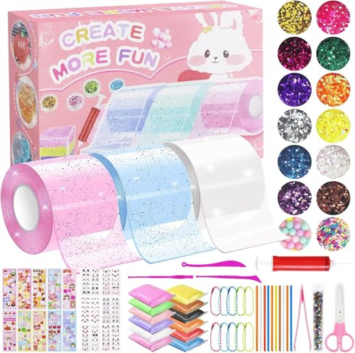 70Pcs Nano Tape Bubble Kit, DIY Nano Squishy Kits with Clay Sugar Particles Air Pump Stickers Magic Tape Craft Set for Making Bubbles