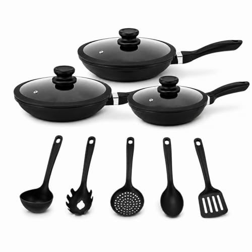 Set Padelle 11 Pezzi con Rivestimento Pietra Lavica Antiaderente – 3 Padelle con Coperchio in Vetro e Guarnizione in Silicone (20/24/28 cm) + 5 Utensili Cucina – Fondo Induzione, Senza PFOA (Nero)