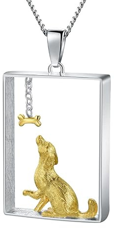 Springlight Cadeau pour femme - Collier en argent sterling S925 - Teckel chien et os - Pendentif rectangulaire avec collier - Longueur de la chaîne : 43 cm - Cadeau d'anniversaire pour femme., Argent
