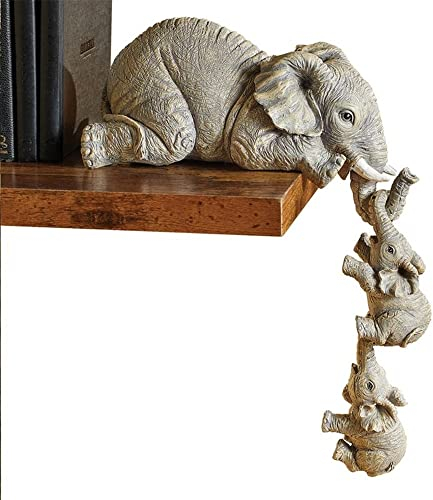 3 Stücke Elefant Statue Figur, Hängend 2 Baby Elefanten am Rand Resin Skulptur Ornament Geeignet für Geschenk der Mutter, Zuhause, Hotel, Büro, Graubraun, ?5 x 5 x 10 cm