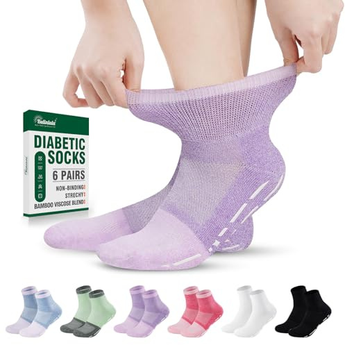 Bulinlulu Diabetic Socks with Grippers for Men Women -6 Pairs Non Binding Diabetic Ankle Slipper Socks Size 6-9 9-12(Bright-Medium)